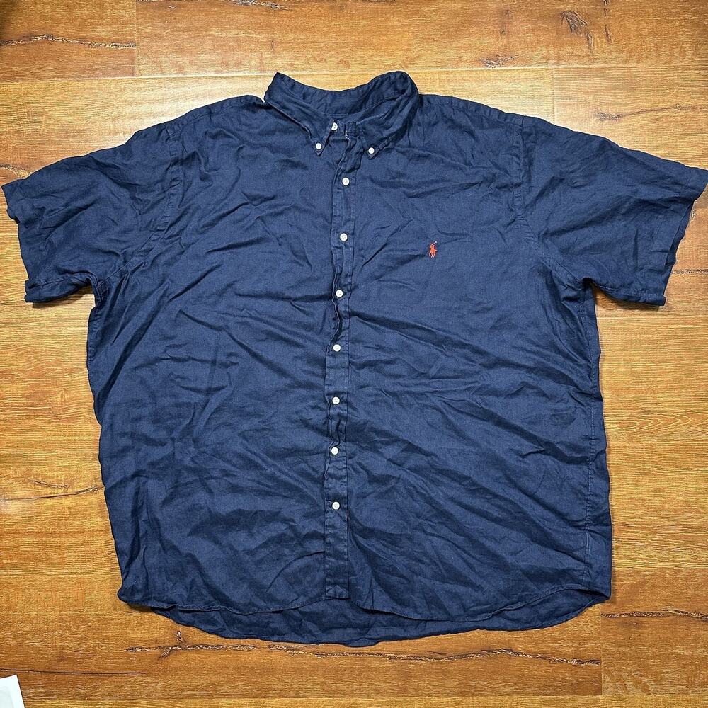 Ralph Lauren Button Up Shirt Mens 3XB Blue 100% Linen Short Sleeve Designer Polo